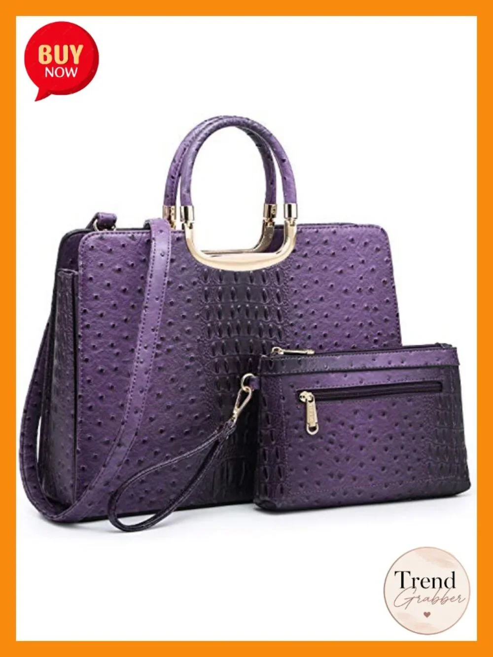 PU Ostrich Textured Satchel Tote with Matching Wallet